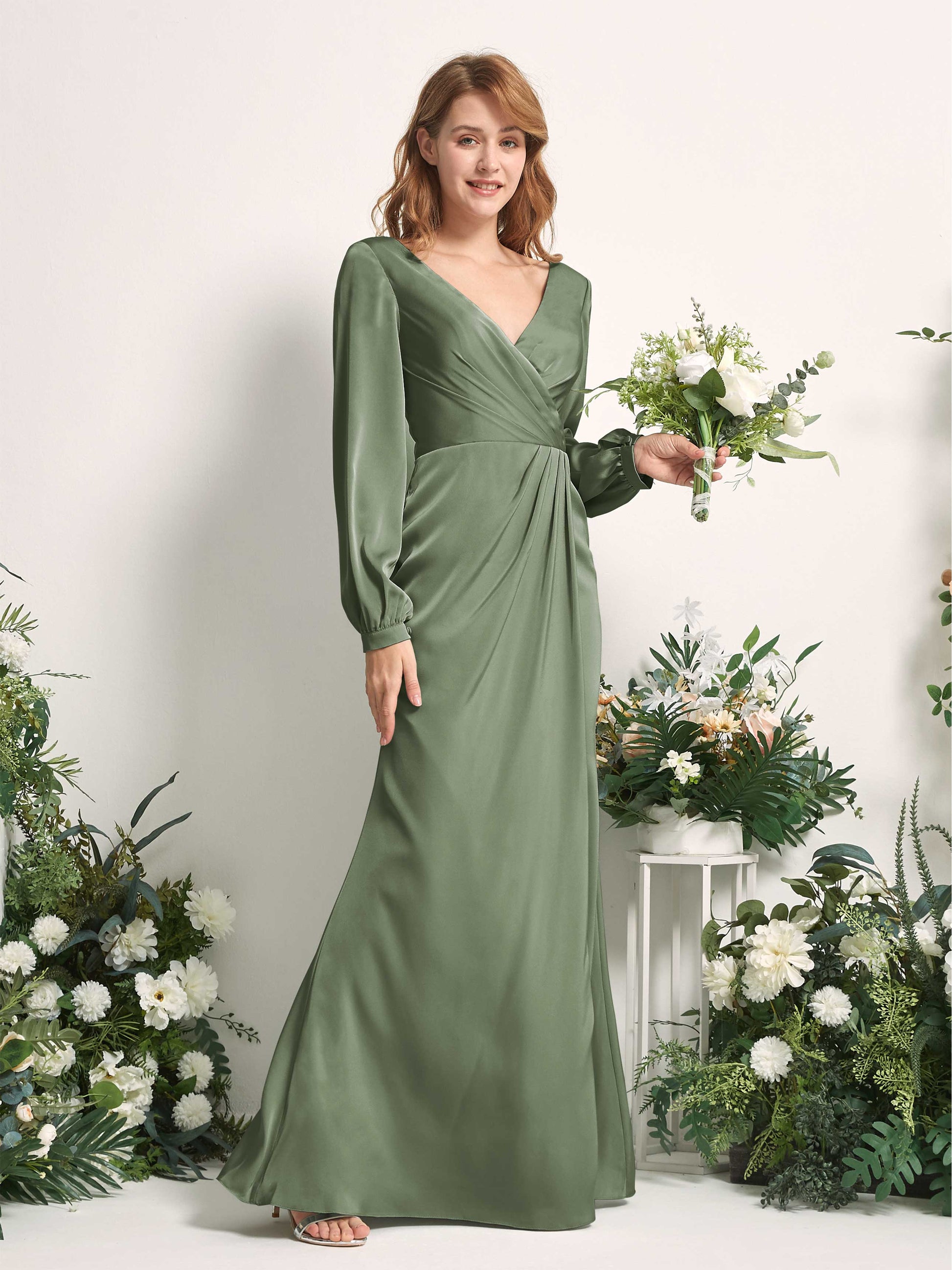 Taylor Green Olive Satin Long Sleeve Maxi Dress