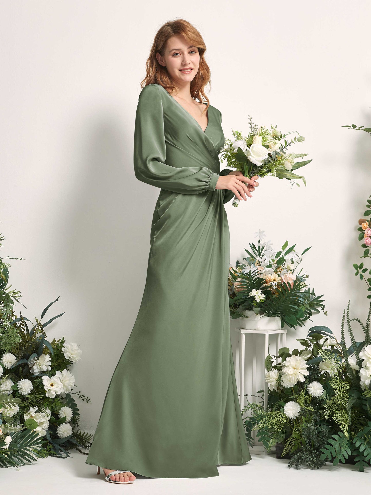 Taylor Green Olive Satin Long Sleeve Maxi Dress