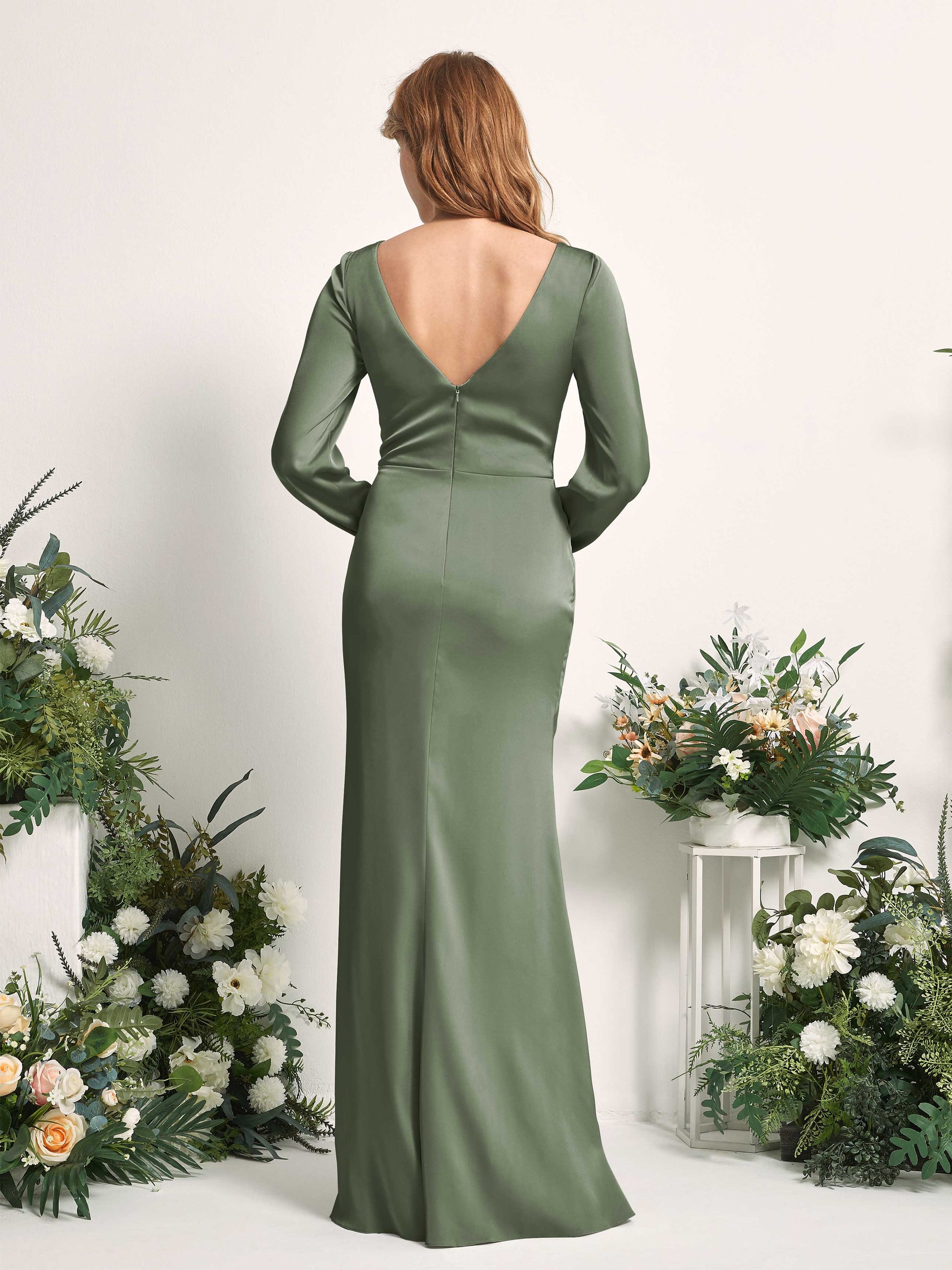 Taylor Green Olive Satin Long Sleeve Maxi Dress