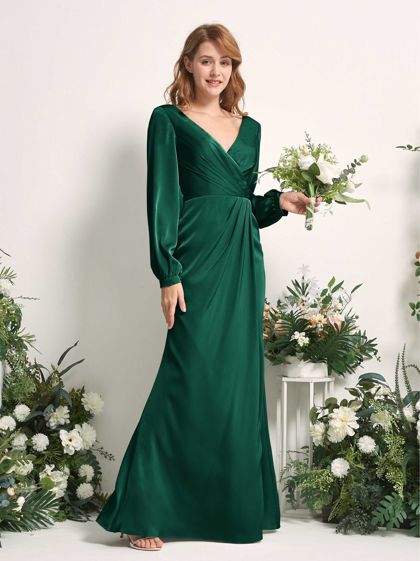 Taylor Hunter Green Satin Long Sleeve Maxi Dress