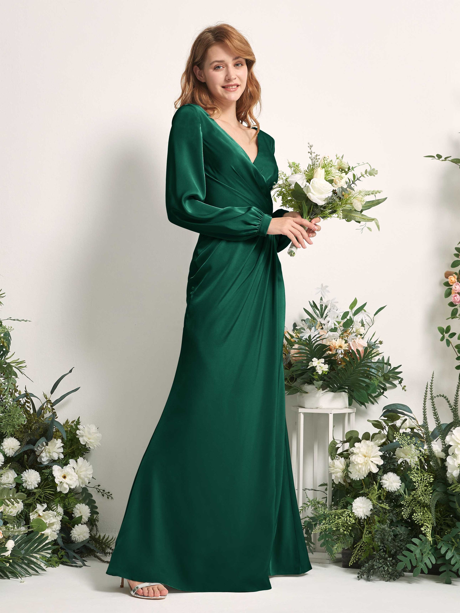 Taylor Hunter Green Satin Long Sleeve Maxi Dress