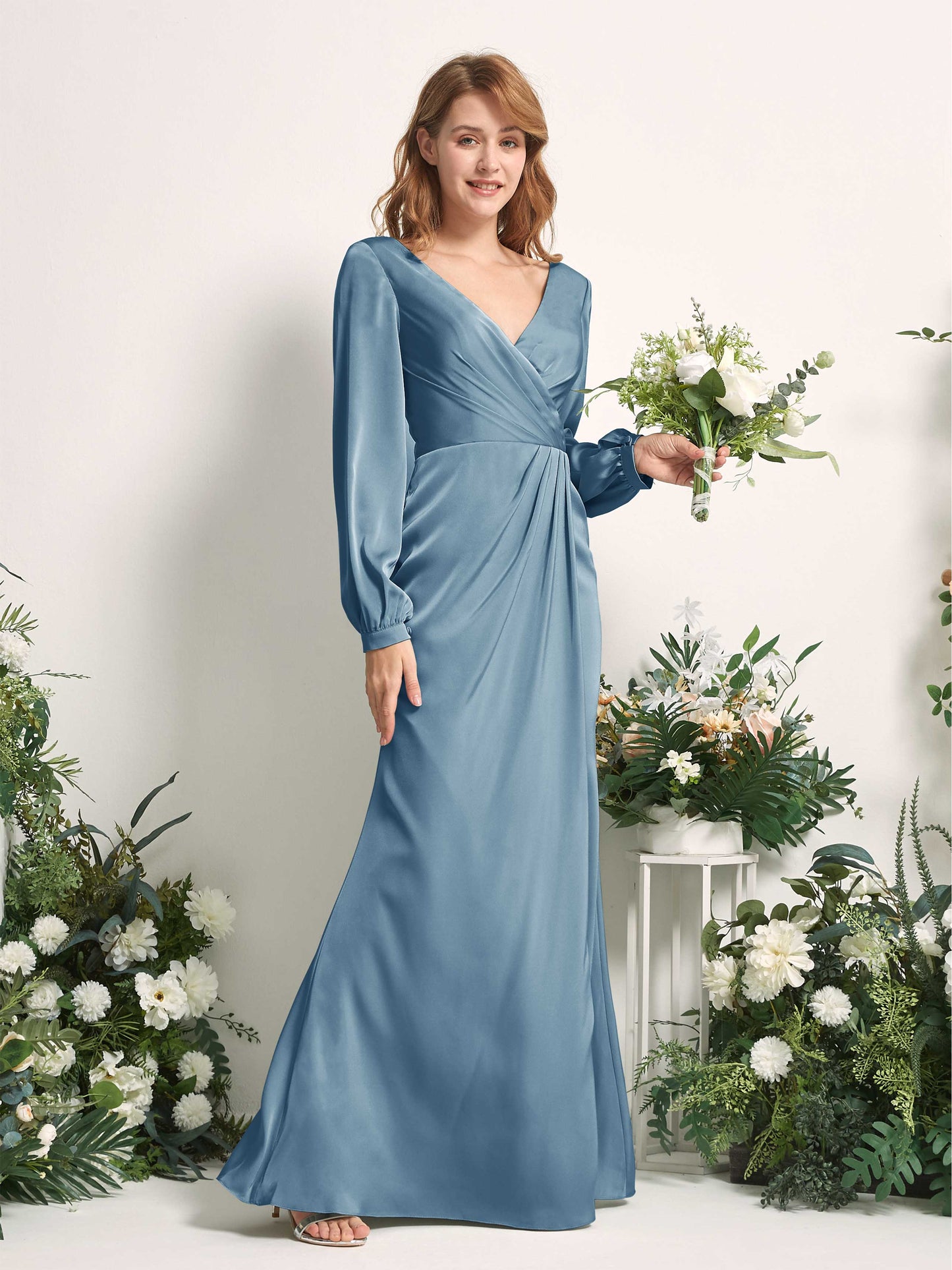 Taylor Ink blue Satin Long Sleeve Maxi Dress