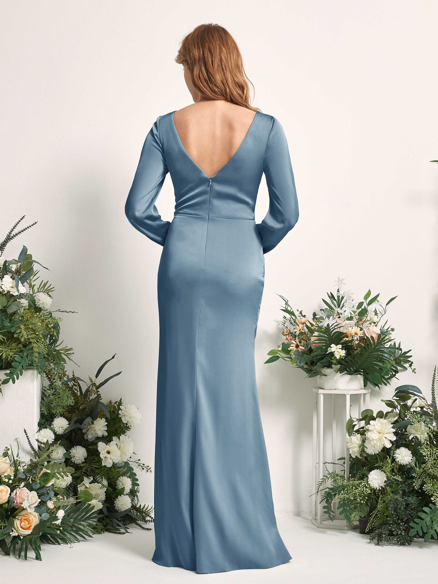 Taylor Ink blue Satin Long Sleeve Maxi Dress