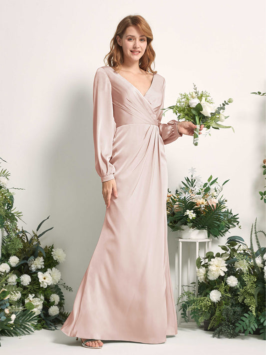 Taylor Pearl Pink Satin Long Sleeve Maxi Dress