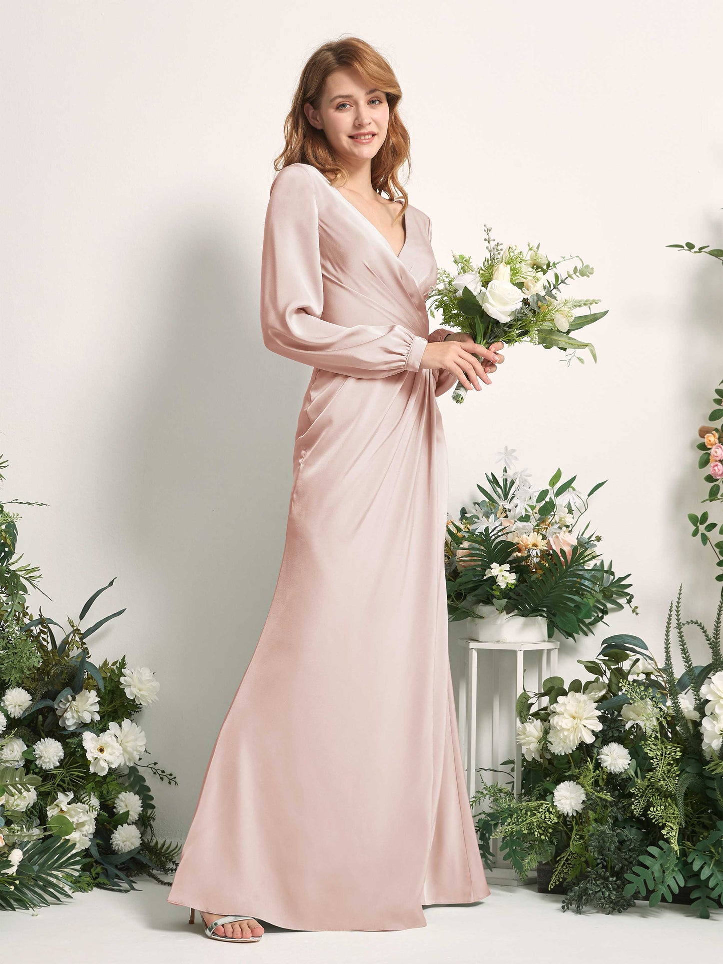 Taylor Pearl Pink Satin Long Sleeve Maxi Dress