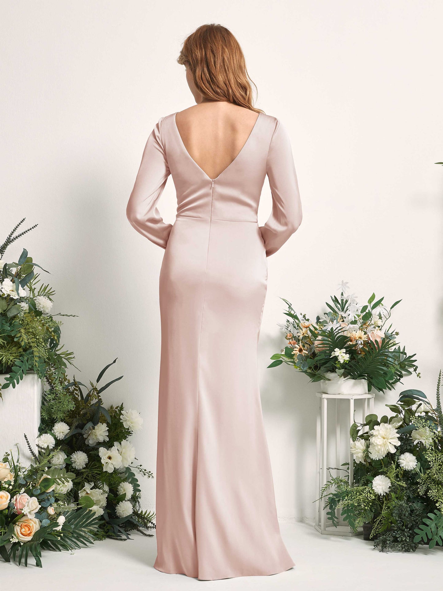 Taylor Pearl Pink Satin Long Sleeve Maxi Dress