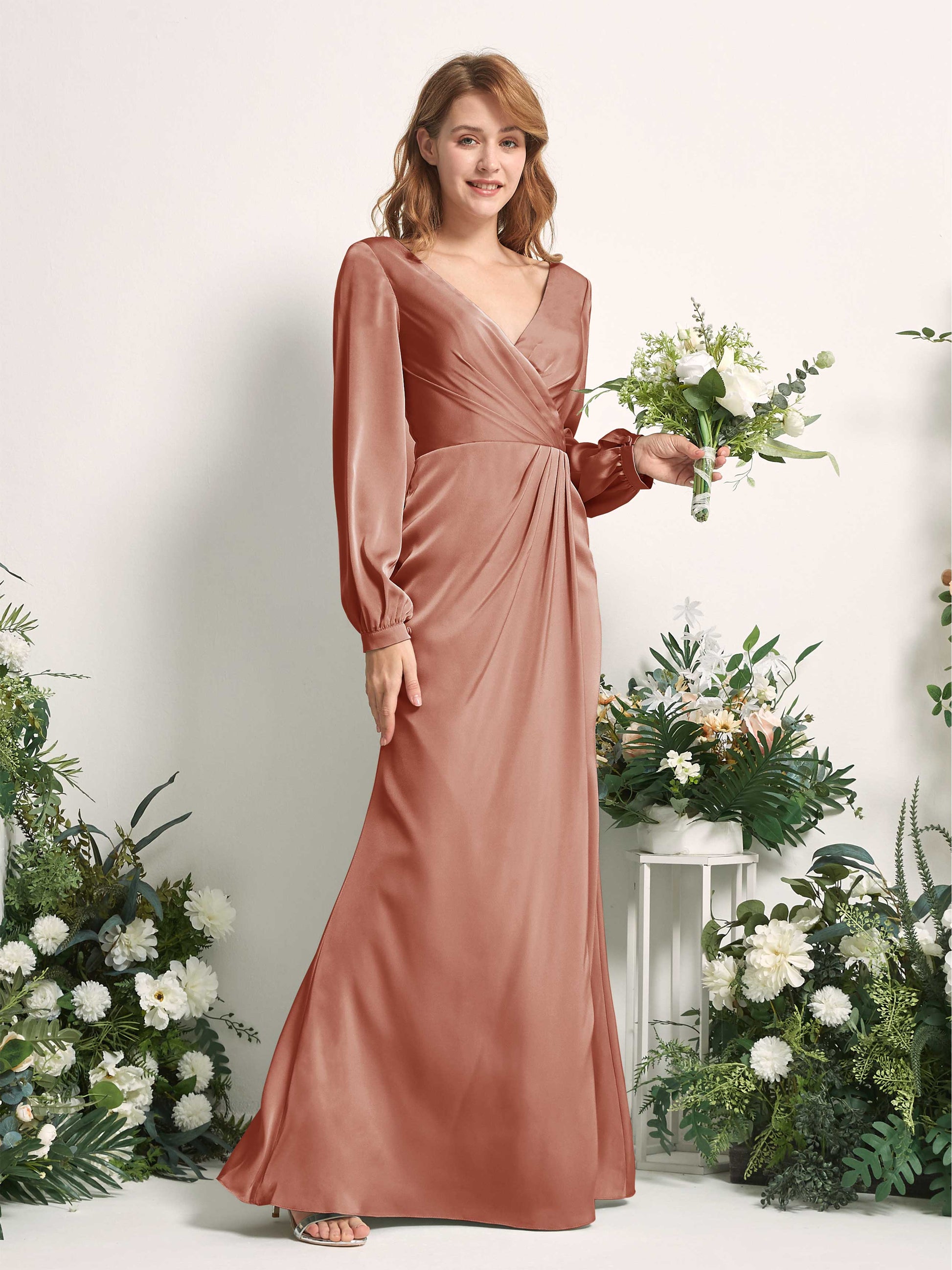 Taylor Raw Sienna Satin Long Sleeve Maxi Dress