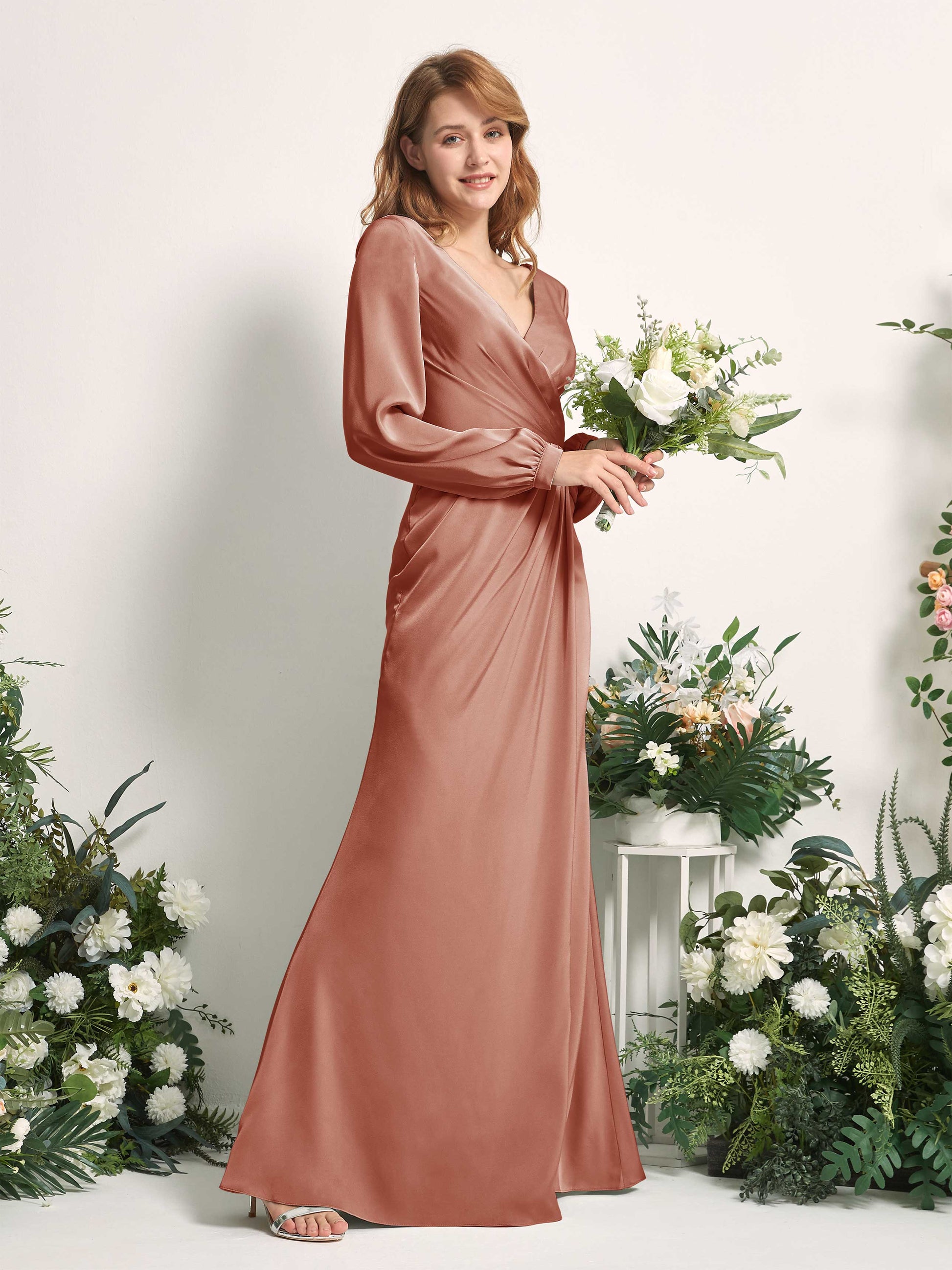 Taylor Raw Sienna Satin Long Sleeve Maxi Dress