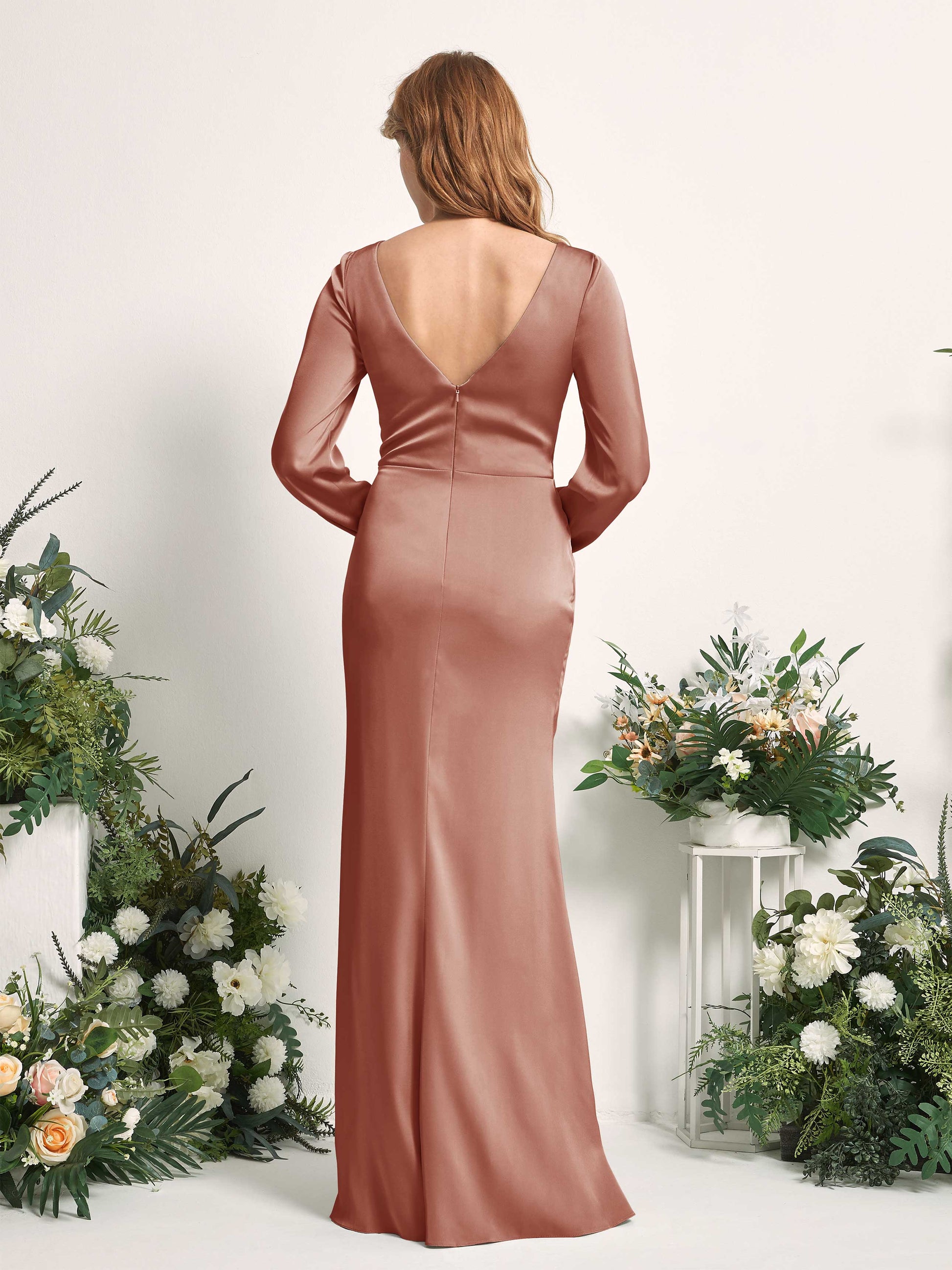 Taylor Raw Sienna Satin Long Sleeve Maxi Dress