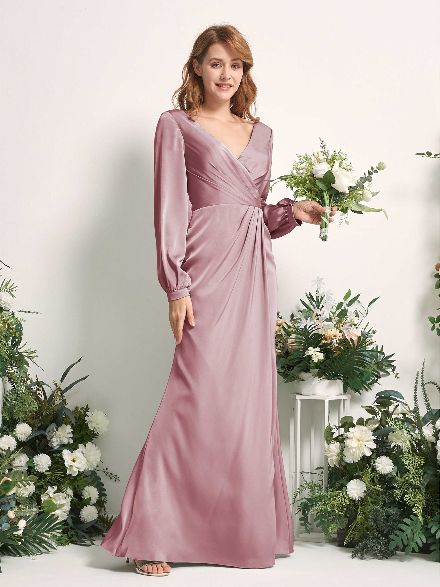 Taylor Rose Quartz Satin Long Sleeve Maxi Dress