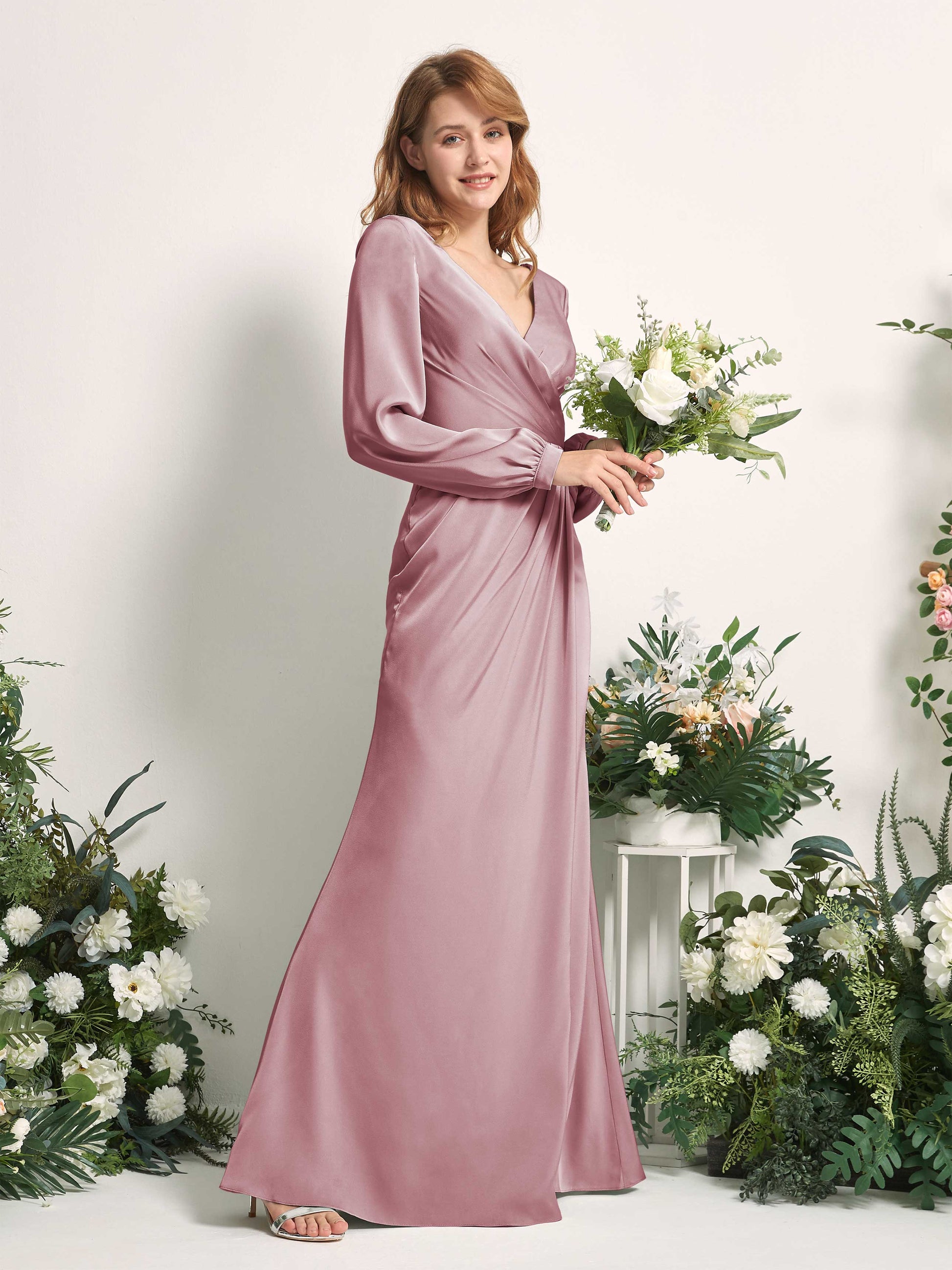 Taylor Rose Quartz Satin Long Sleeve Maxi Dress