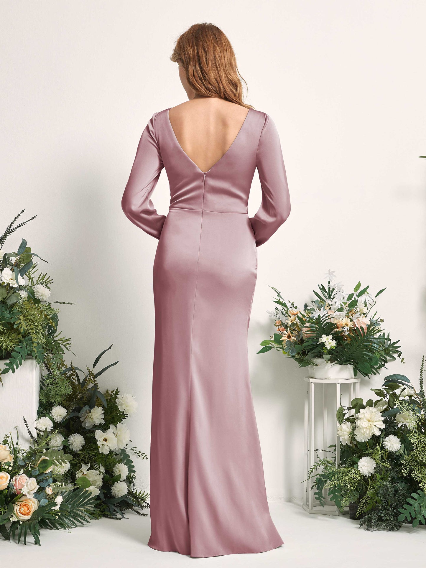 Taylor Rose Quartz Satin Long Sleeve Maxi Dress