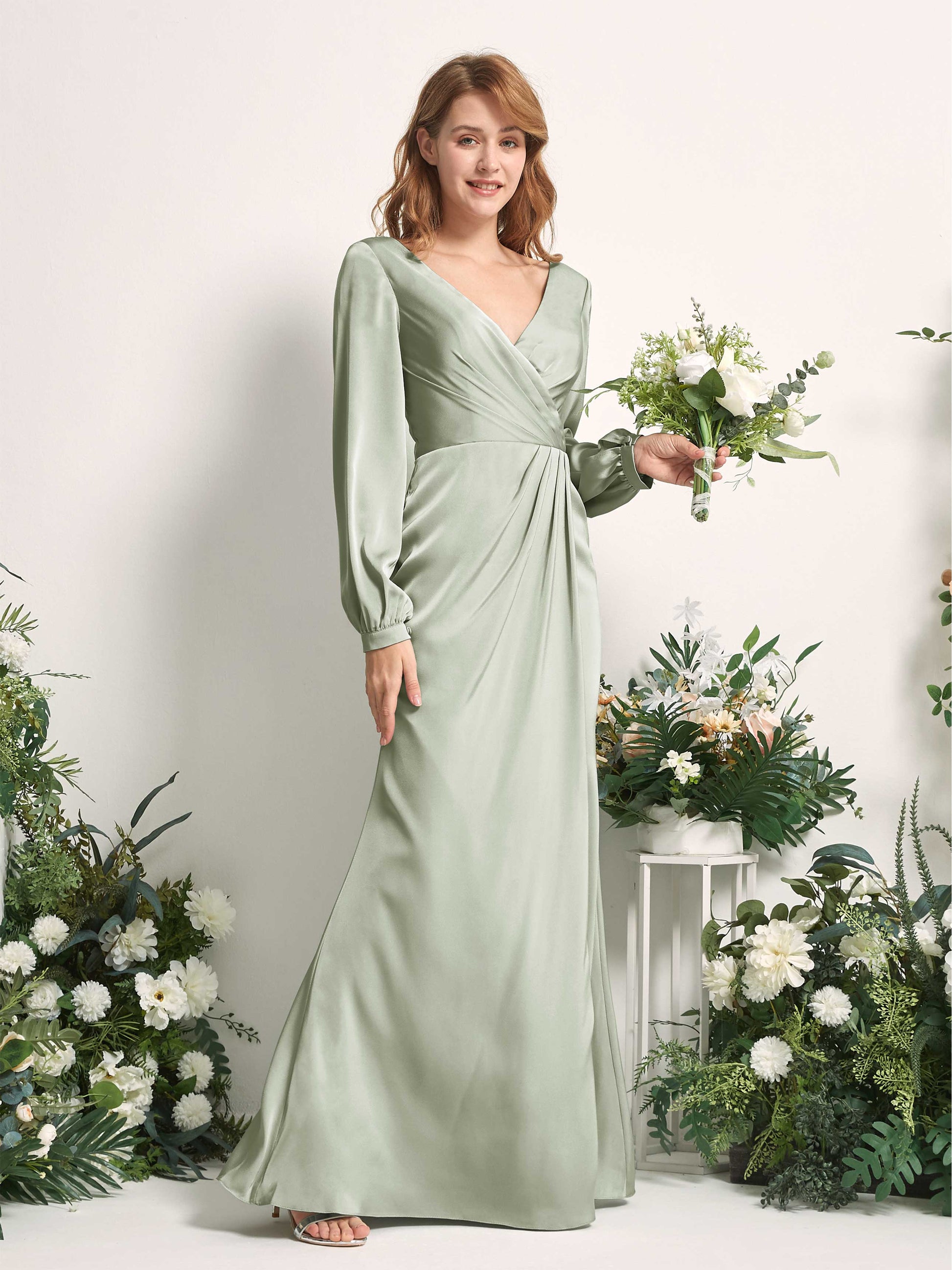 Taylor Sage Green Satin Long Sleeve Maxi Dress