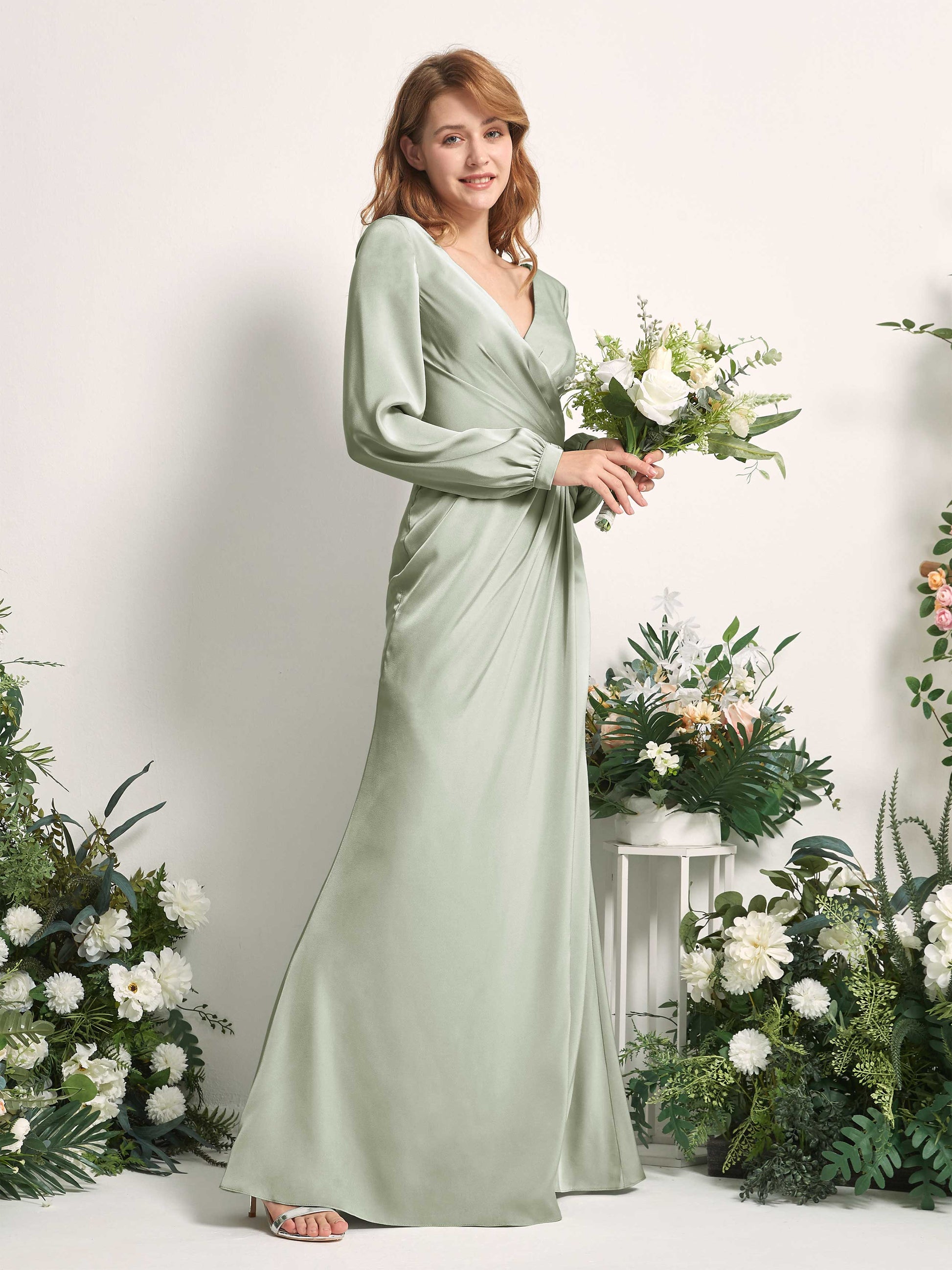 Taylor Sage Green Satin Long Sleeve Maxi Dress