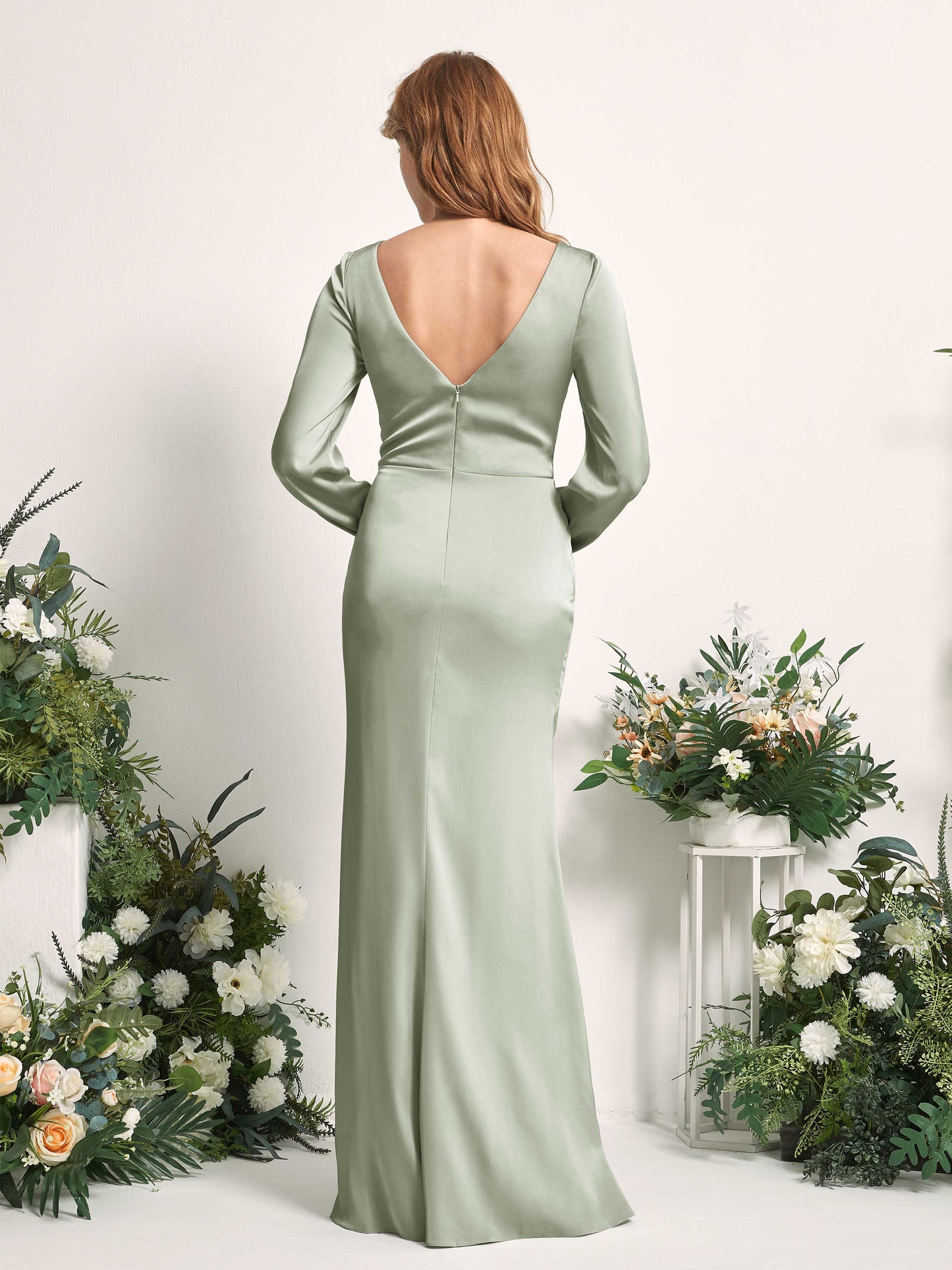 Taylor Sage Green Satin Long Sleeve Maxi Dress