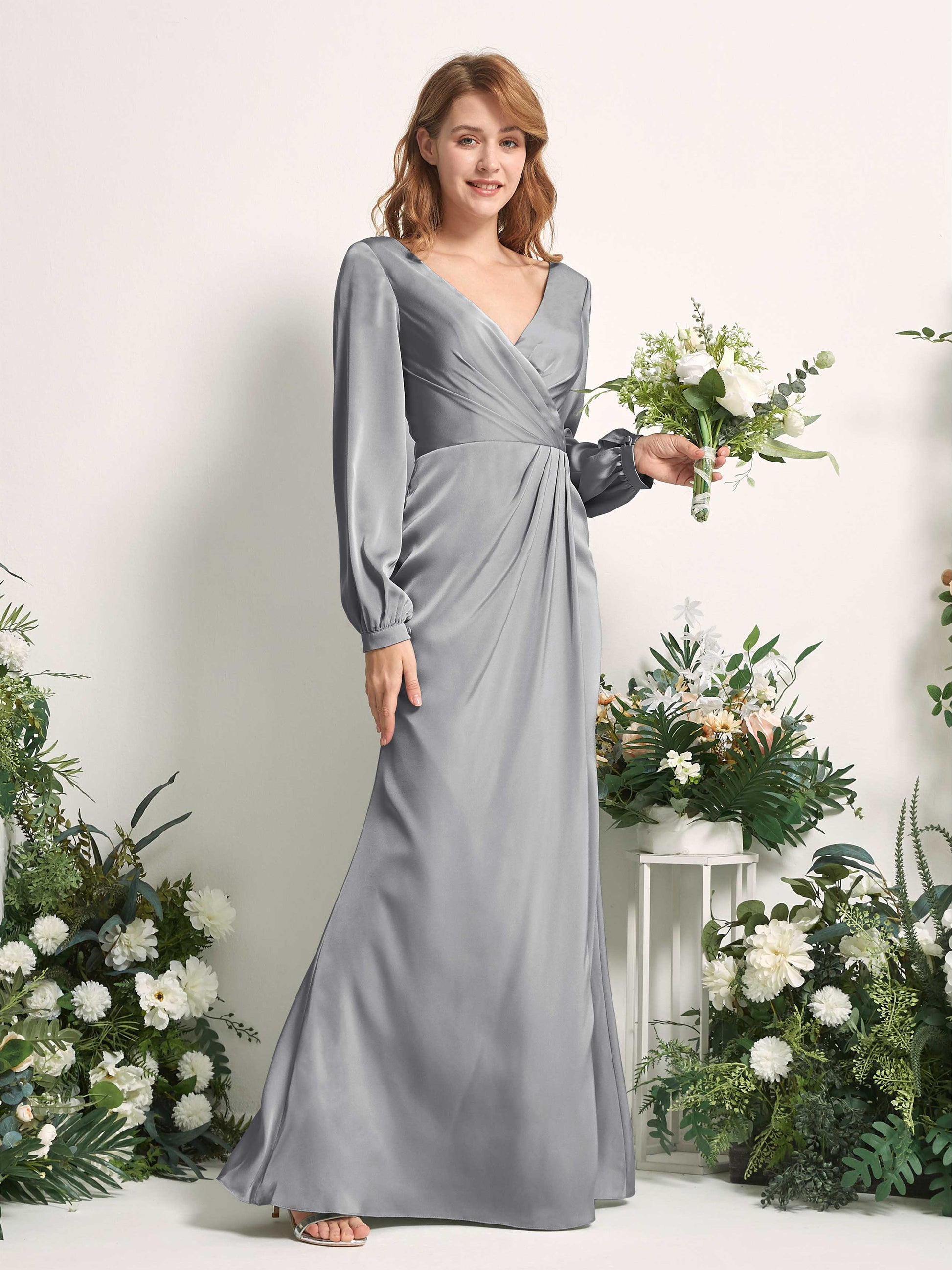 Taylor Steel Gray Satin Long Sleeve Maxi Dress