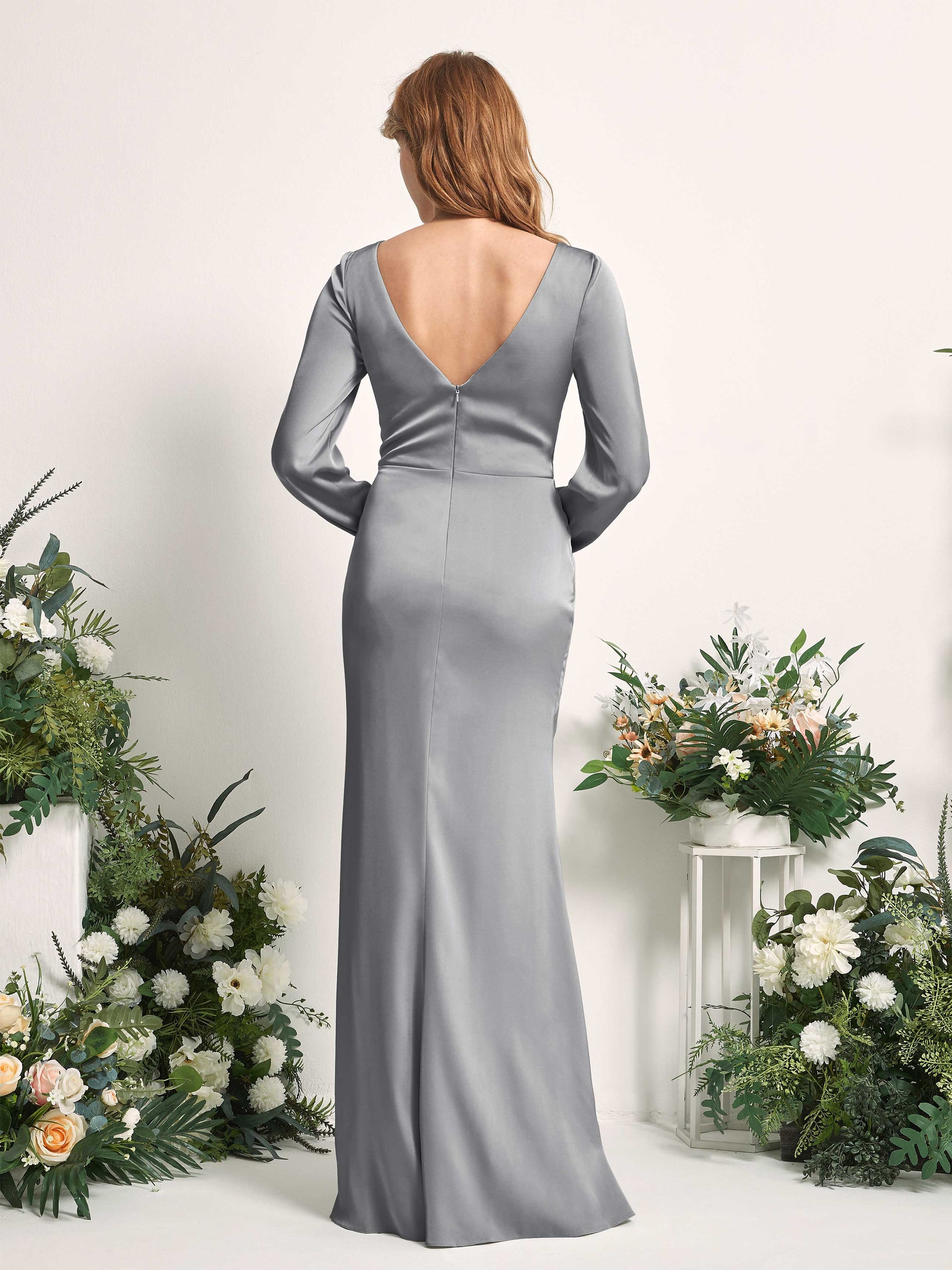 Taylor Steel Gray Satin Long Sleeve Maxi Dress