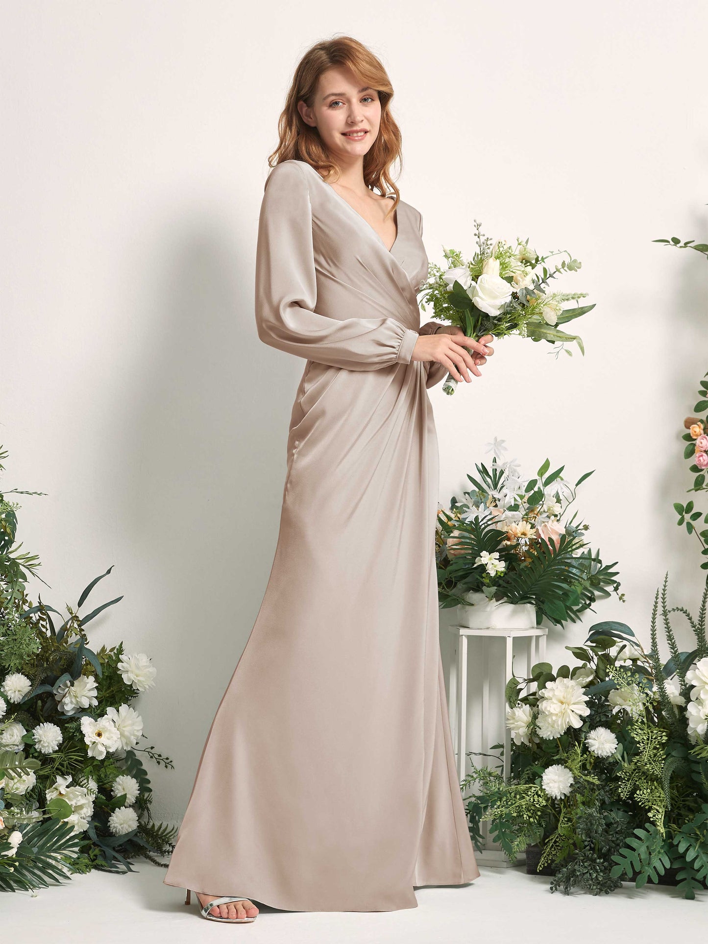 Taylor Taupe Satin Long Sleeve Maxi Dress