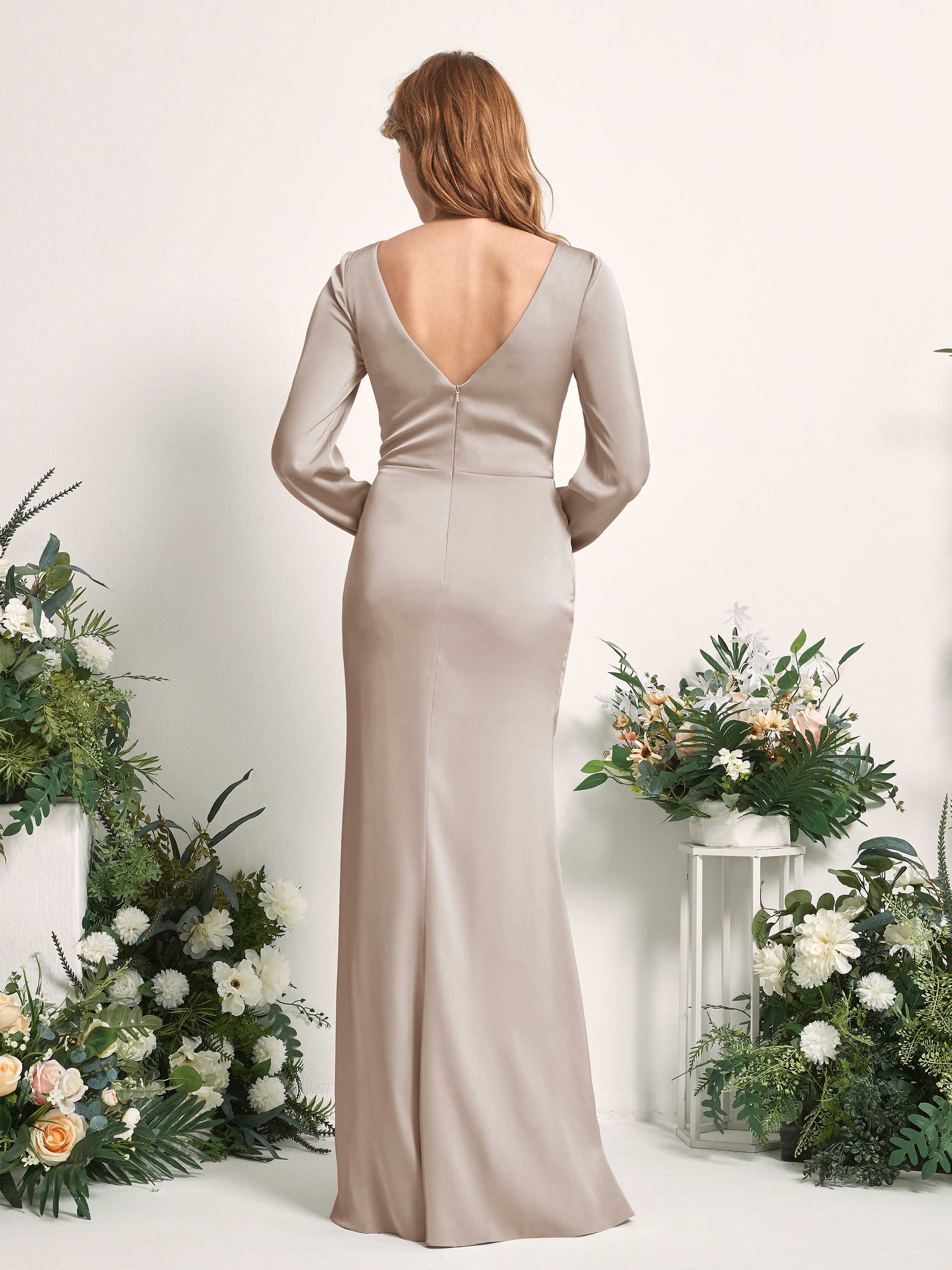 Taylor Taupe Satin Long Sleeve Maxi Dress