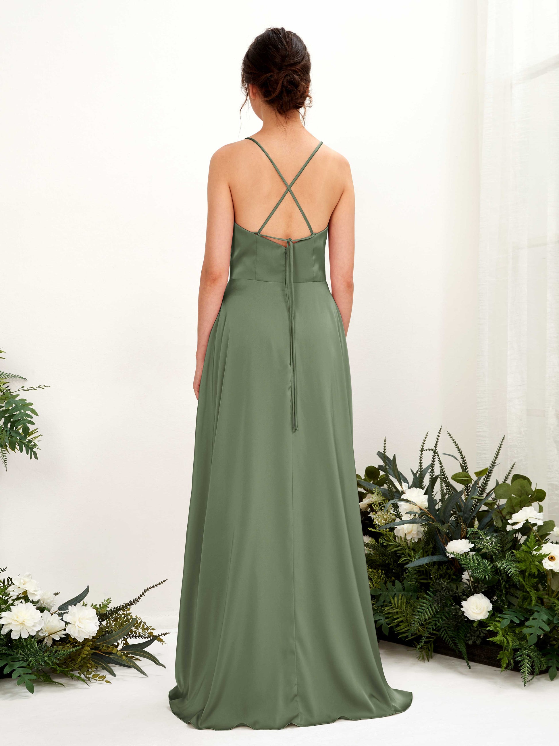 Theresa Green Olive Satin Sleeveless Maxi Dress