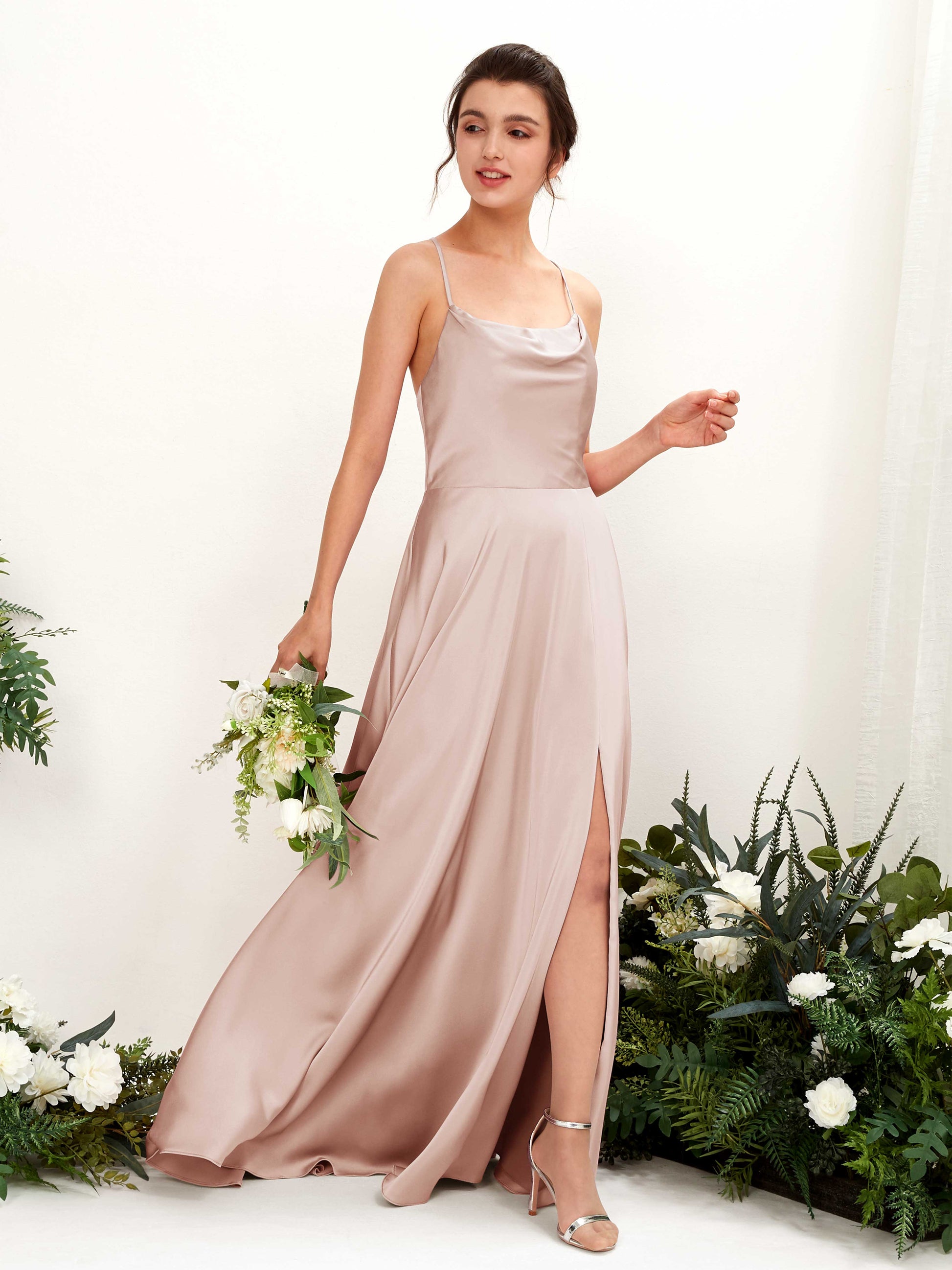 Theresa Pearl Pink Satin Sleeveless Maxi Dress