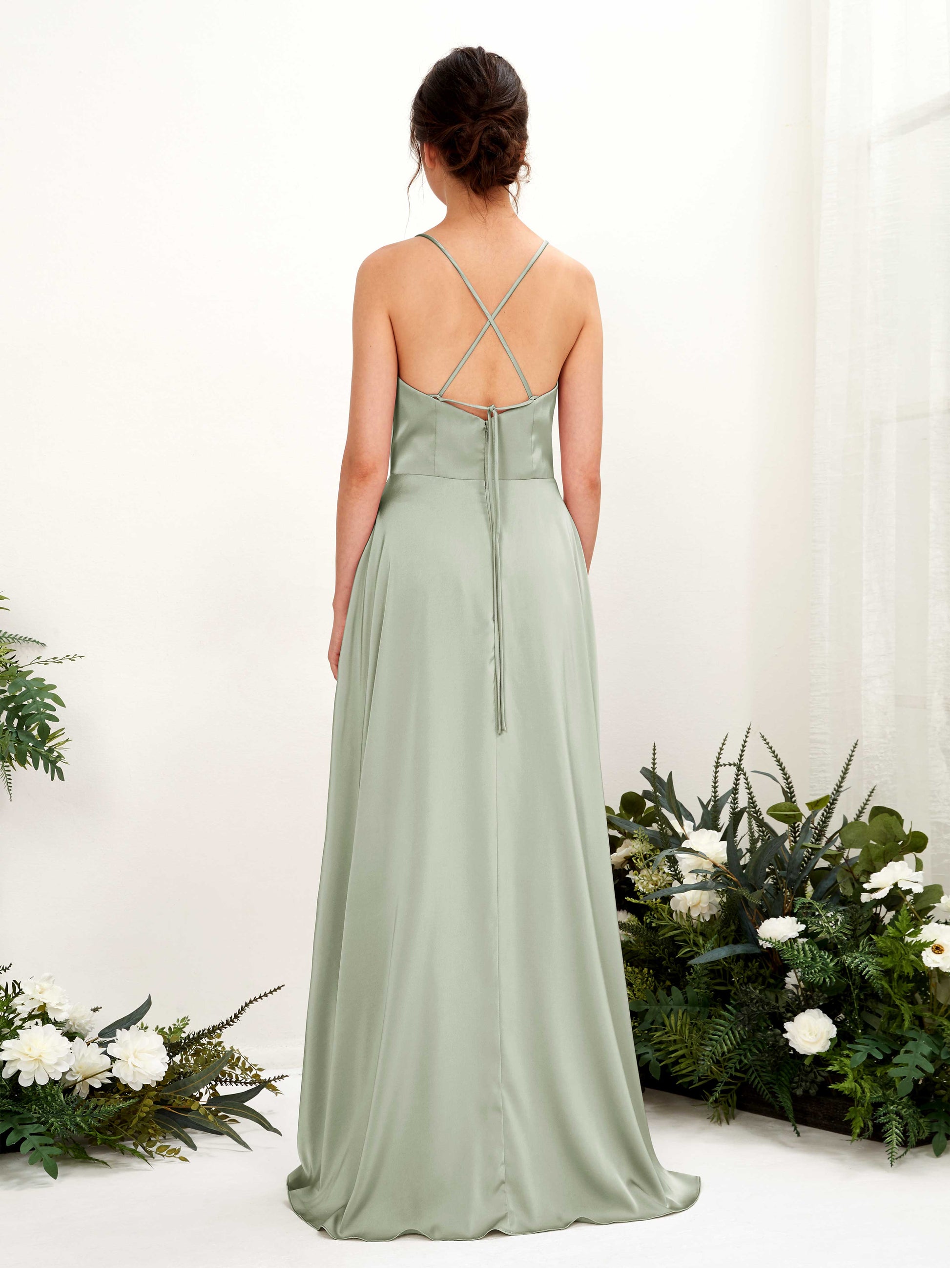 Theresa Sage Green Satin Sleeveless Maxi Dress