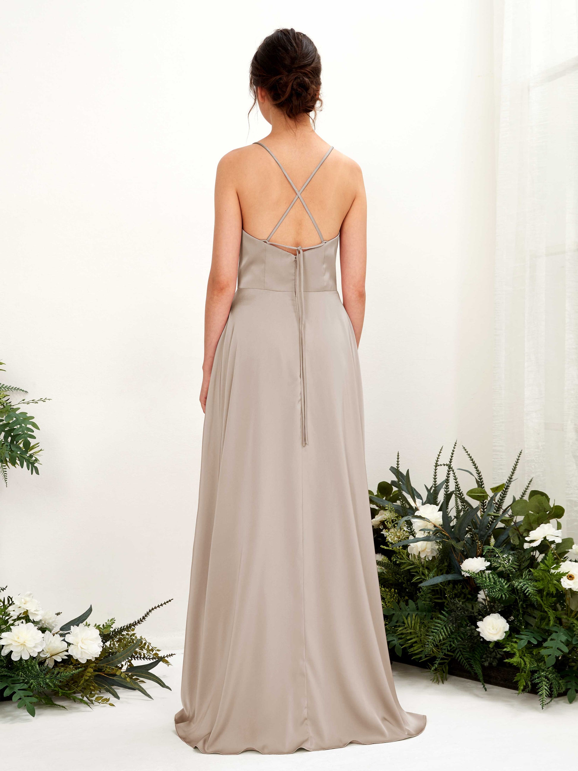 Theresa Taupe Satin Sleeveless Maxi Dress