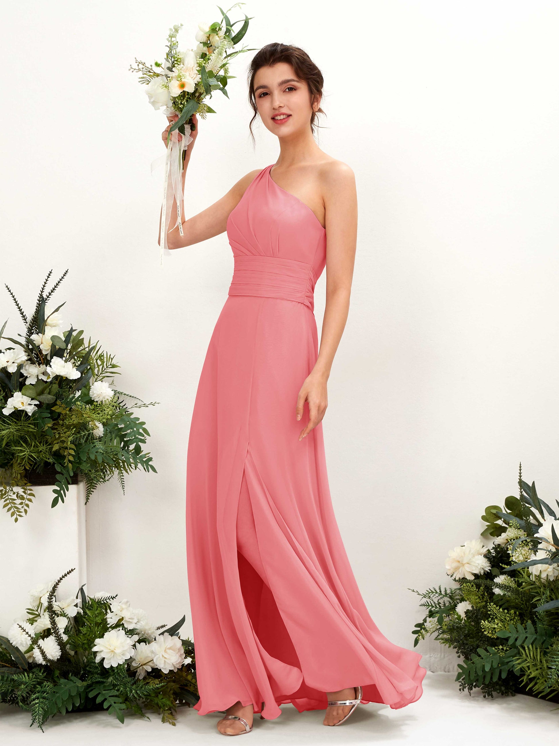 Trita Coral Pink One Shoulder Maxi Dress