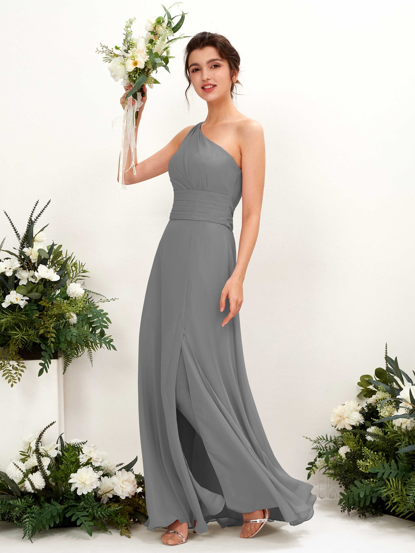 Trita Steel Gray One Shoulder Maxi Dress