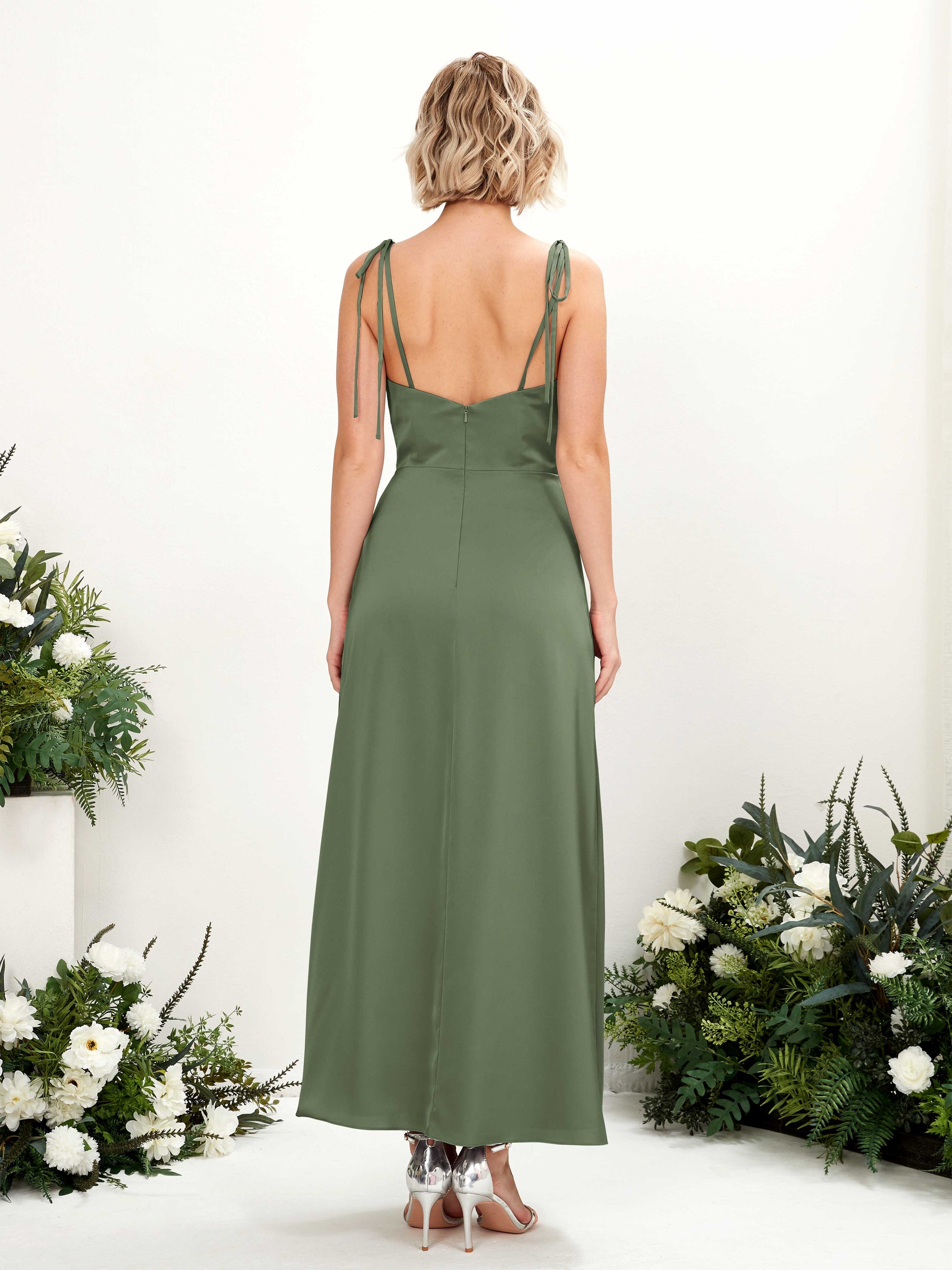 Viola Green Olive Satin Sleeveless Maxi Dress